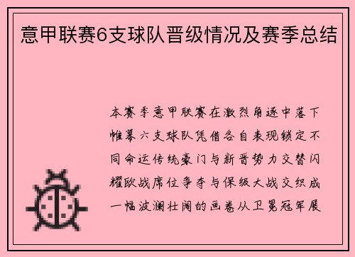 意甲联赛6支球队晋级情况及赛季总结
